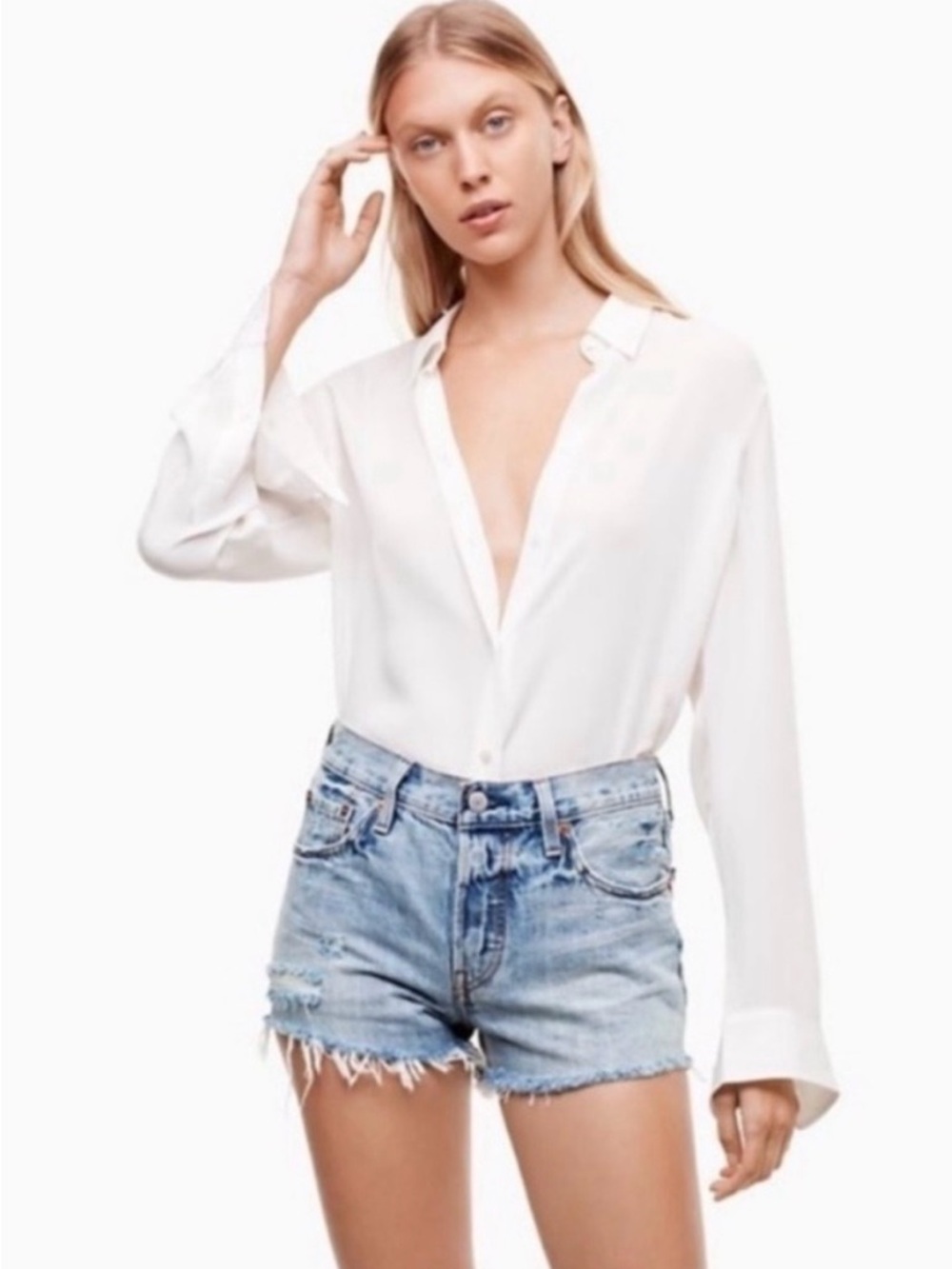 Aritzia Levi’s 501 Original High Rise Shorts Waveline 25 Blue Cutoff Raw Hem